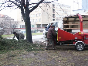 Drcení dřevního odpadu v mašině